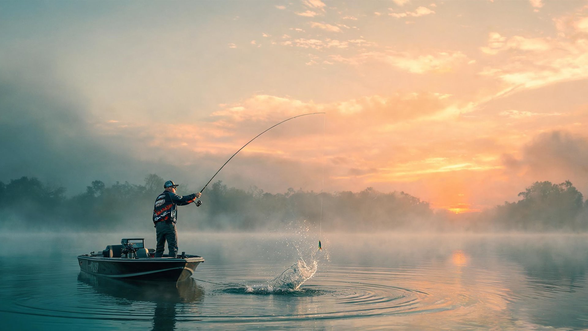 An angler standing in a small boat casts a rod across a misty lake at sunrise while a fish breaks the surface