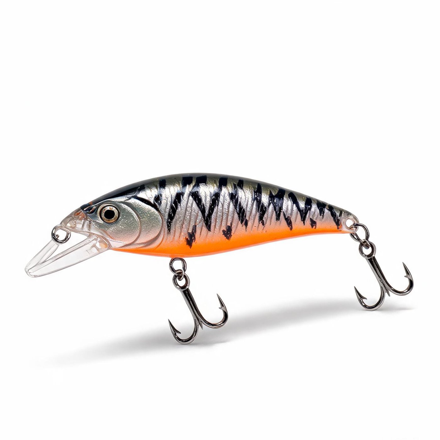 Dawnline 60 shallow crankbait: silver body with black tiger bars, orange belly, clear short bill and two treble hooks