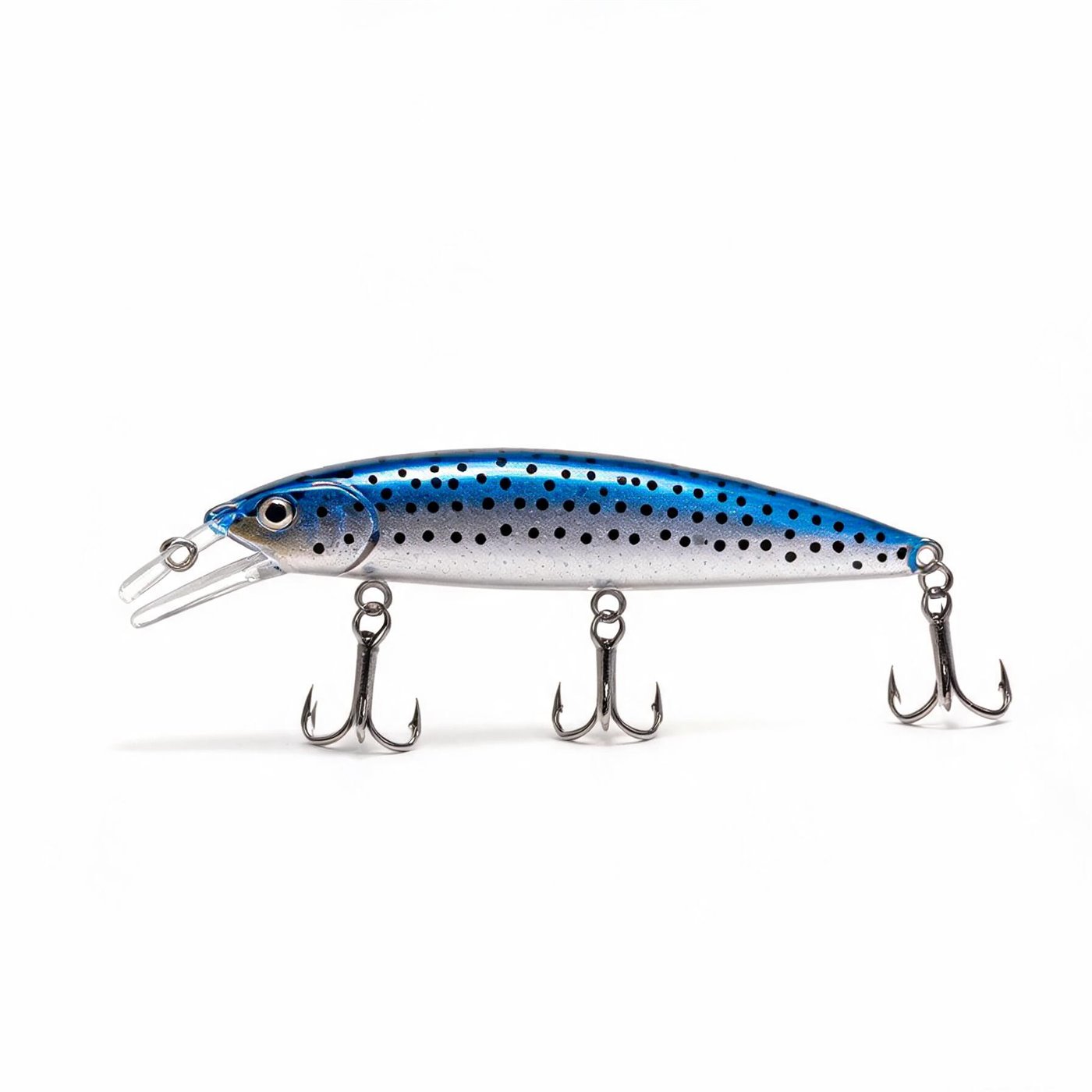 Longcast 110 suspending jerkbait: slim minnow profile, blue back, silver flanks with black spots and three treble hooks
