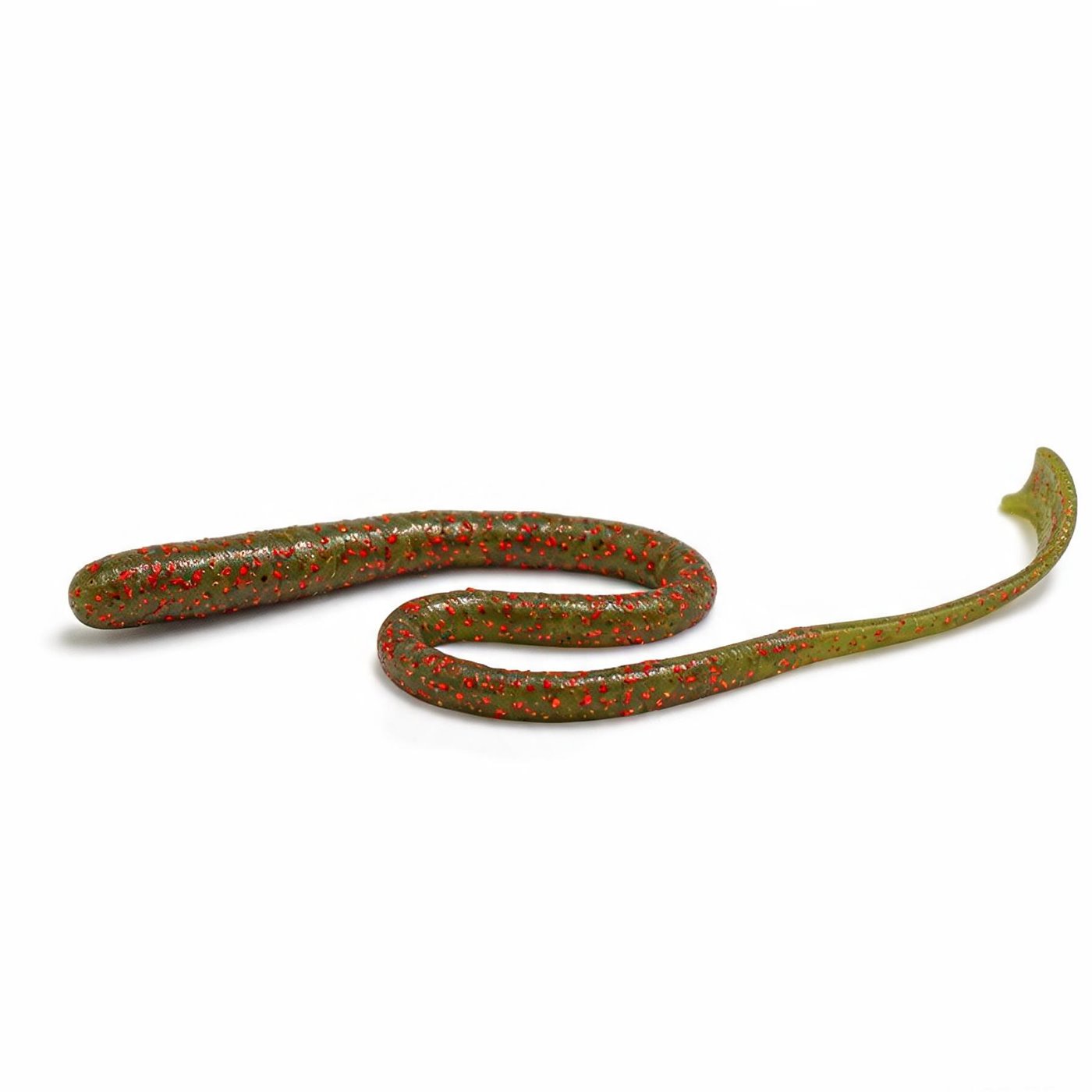 Ribbontail 6-inch soft plastic worm in green pumpkin with red flake, curled tail