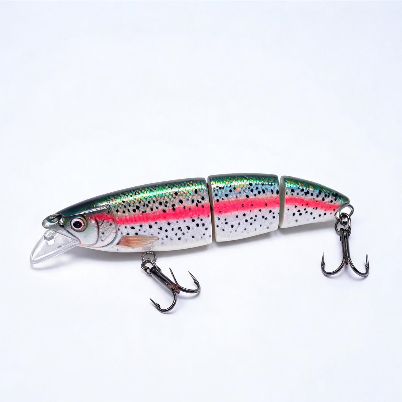 Sectional 130 jointed swimbait: three-piece hard body in a rainbow trout pattern with two treble hooks