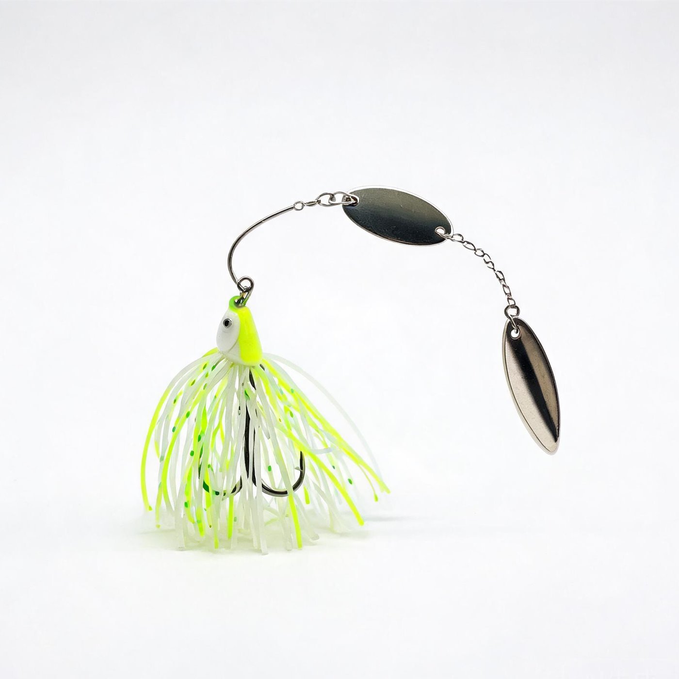 Willowbind spinnerbait: chartreuse silicone skirt, single wire arm with two willow-leaf blades and a single hook