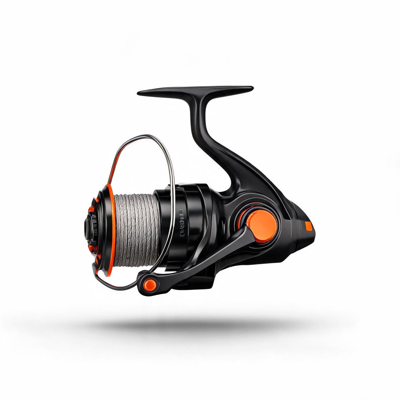 A black spinning reel with orange trim, spooled with line
