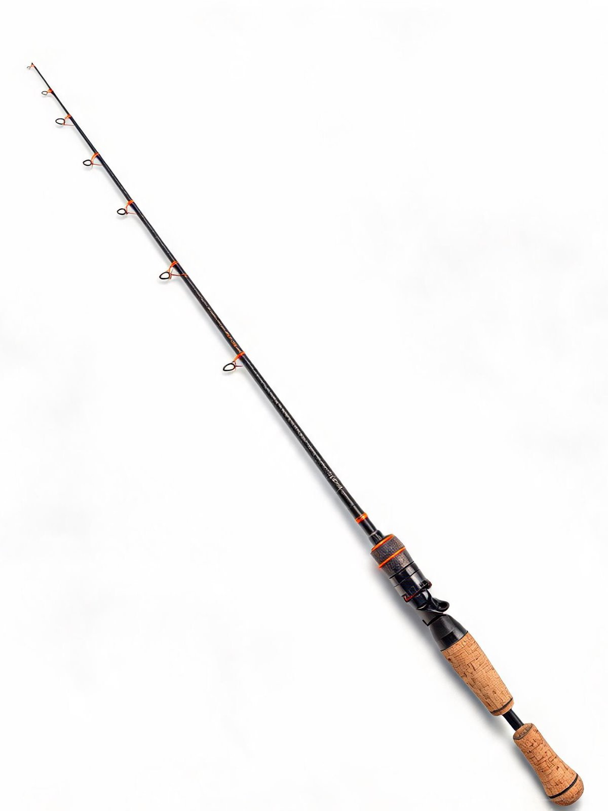 A full-length spinning rod with a cork handle, photographed against a white background